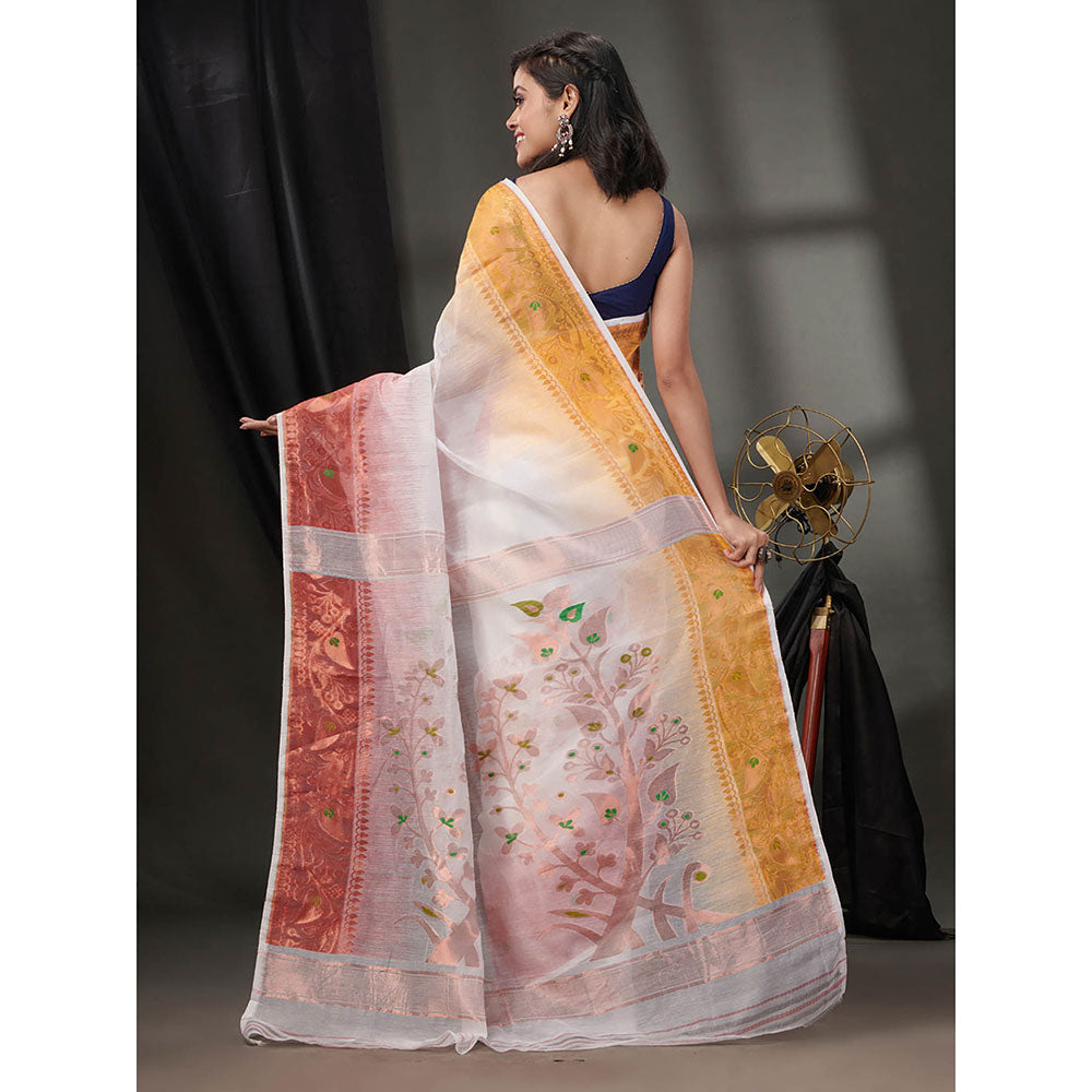 CHARUKRITI White Silk Cotton Jamdhani Handwoven Saree without Blouse & Zari Woven Designs