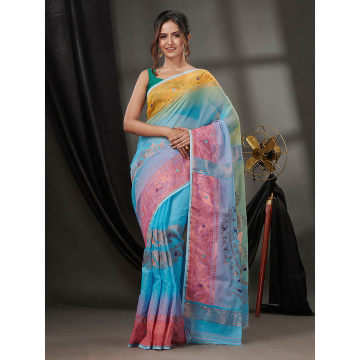 CHARUKRITI Sky Blue Silk Cotton Jamdhani Handwoven Saree without Blouse & Zari Woven Designs