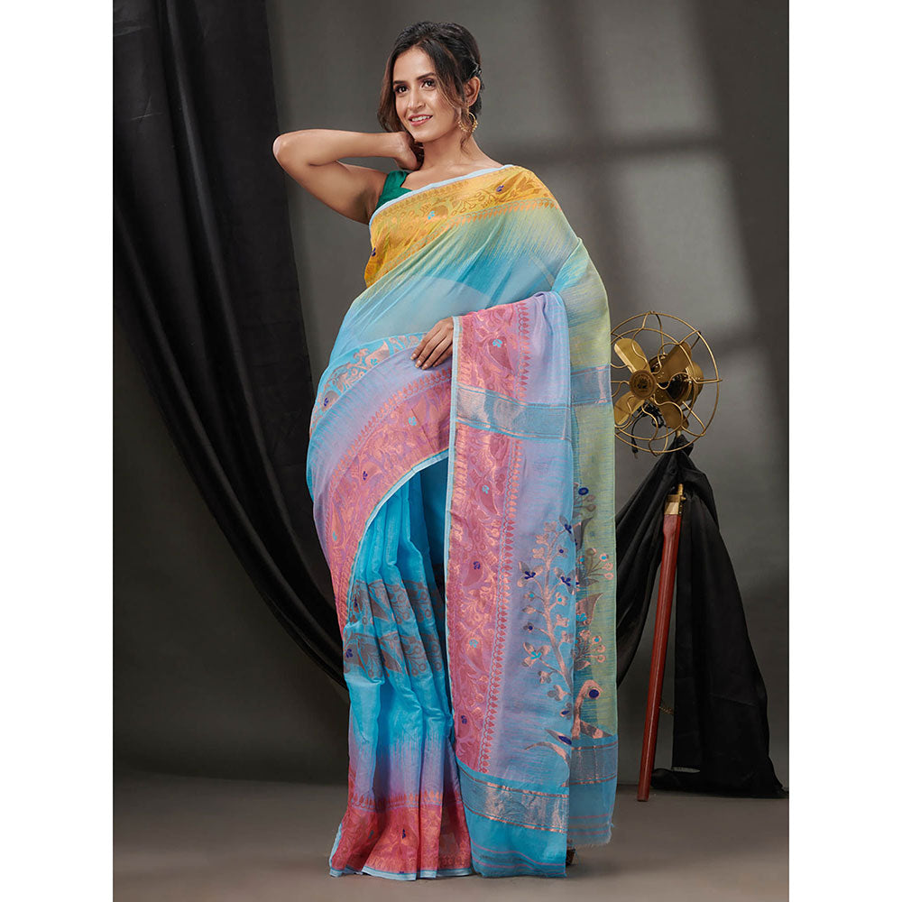 CHARUKRITI Sky Blue Silk Cotton Jamdhani Handwoven Saree without Blouse & Zari Woven Designs