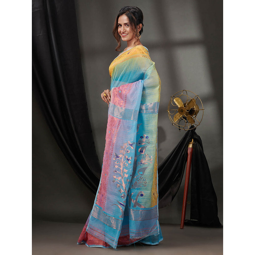 CHARUKRITI Sky Blue Silk Cotton Jamdhani Handwoven Saree without Blouse & Zari Woven Designs