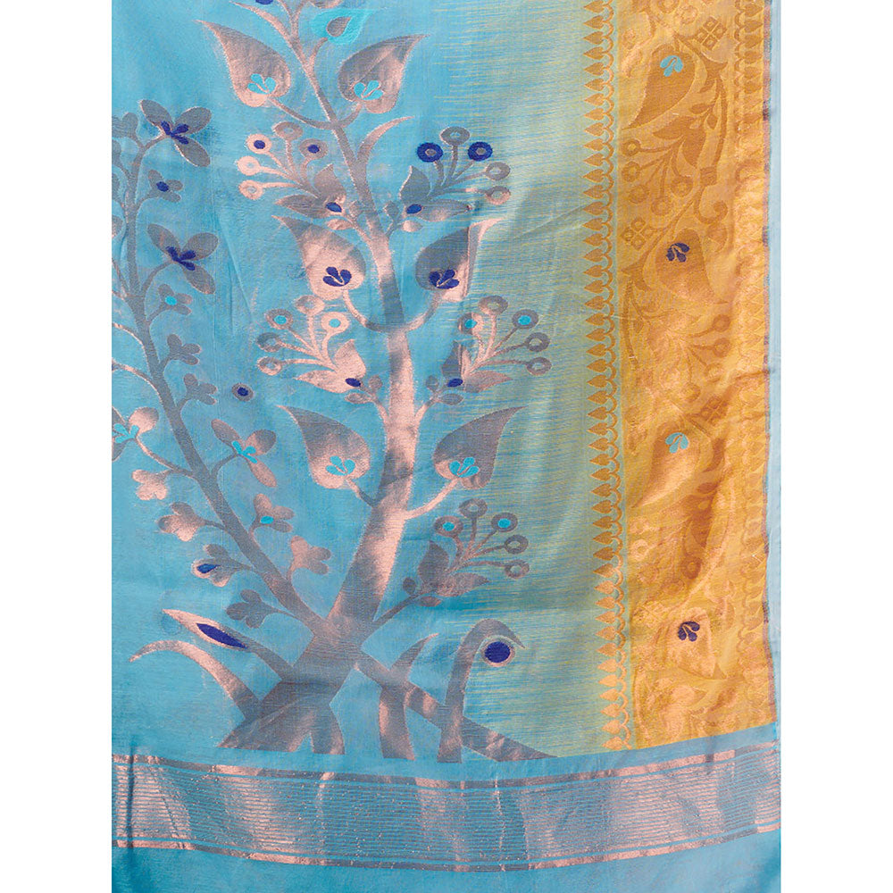 CHARUKRITI Sky Blue Silk Cotton Jamdhani Handwoven Saree without Blouse & Zari Woven Designs