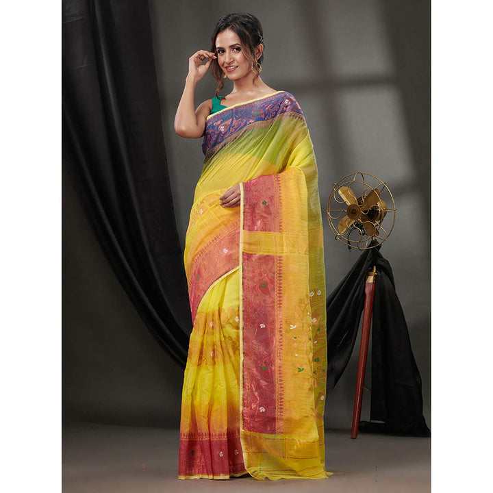 CHARUKRITI Yellow Silk Cotton Jamdhani Handwoven Saree without Blouse & Zari Woven Designs