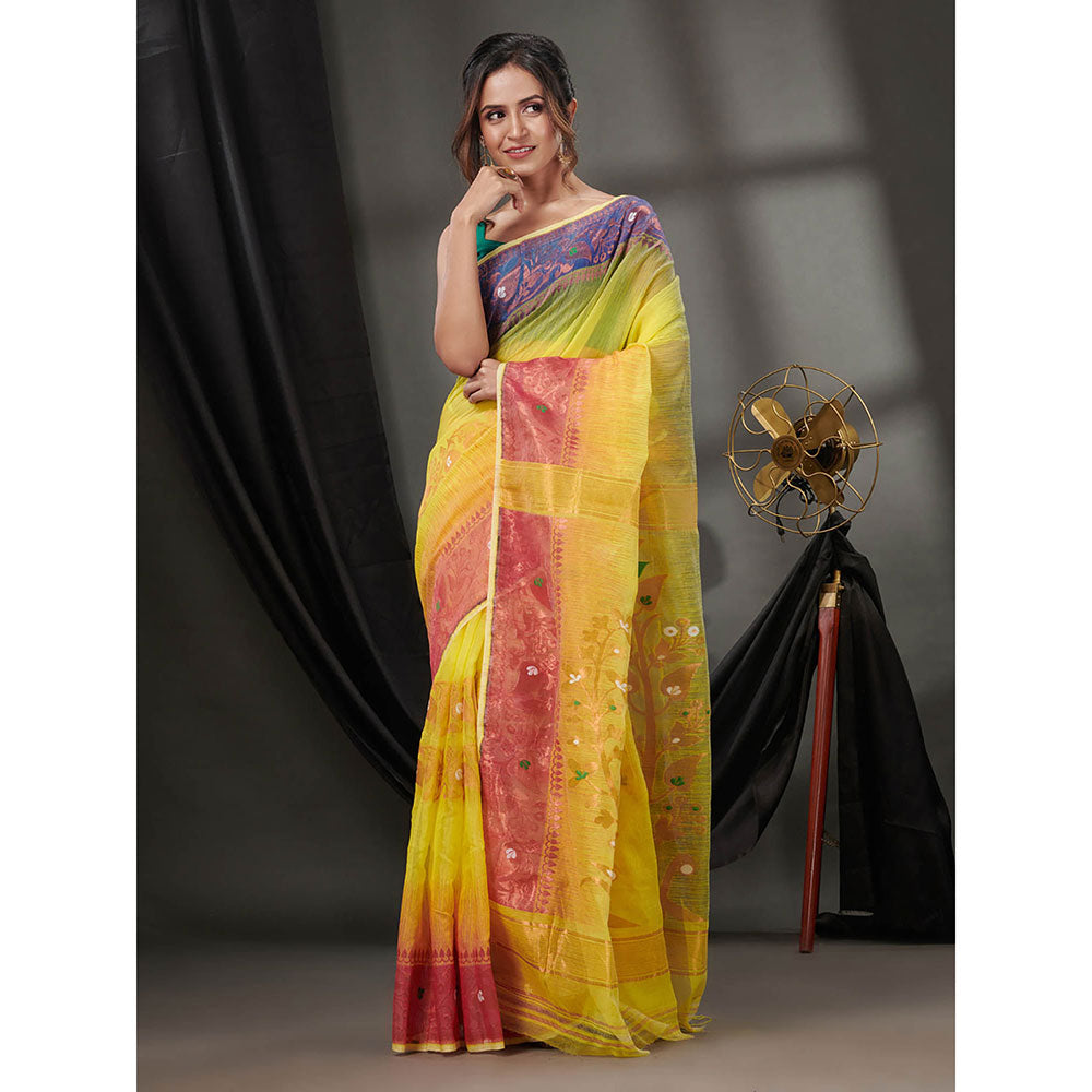 CHARUKRITI Yellow Silk Cotton Jamdhani Handwoven Saree without Blouse & Zari Woven Designs