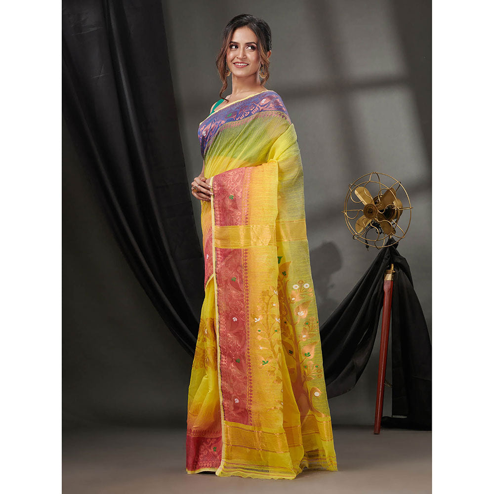 CHARUKRITI Yellow Silk Cotton Jamdhani Handwoven Saree without Blouse & Zari Woven Designs