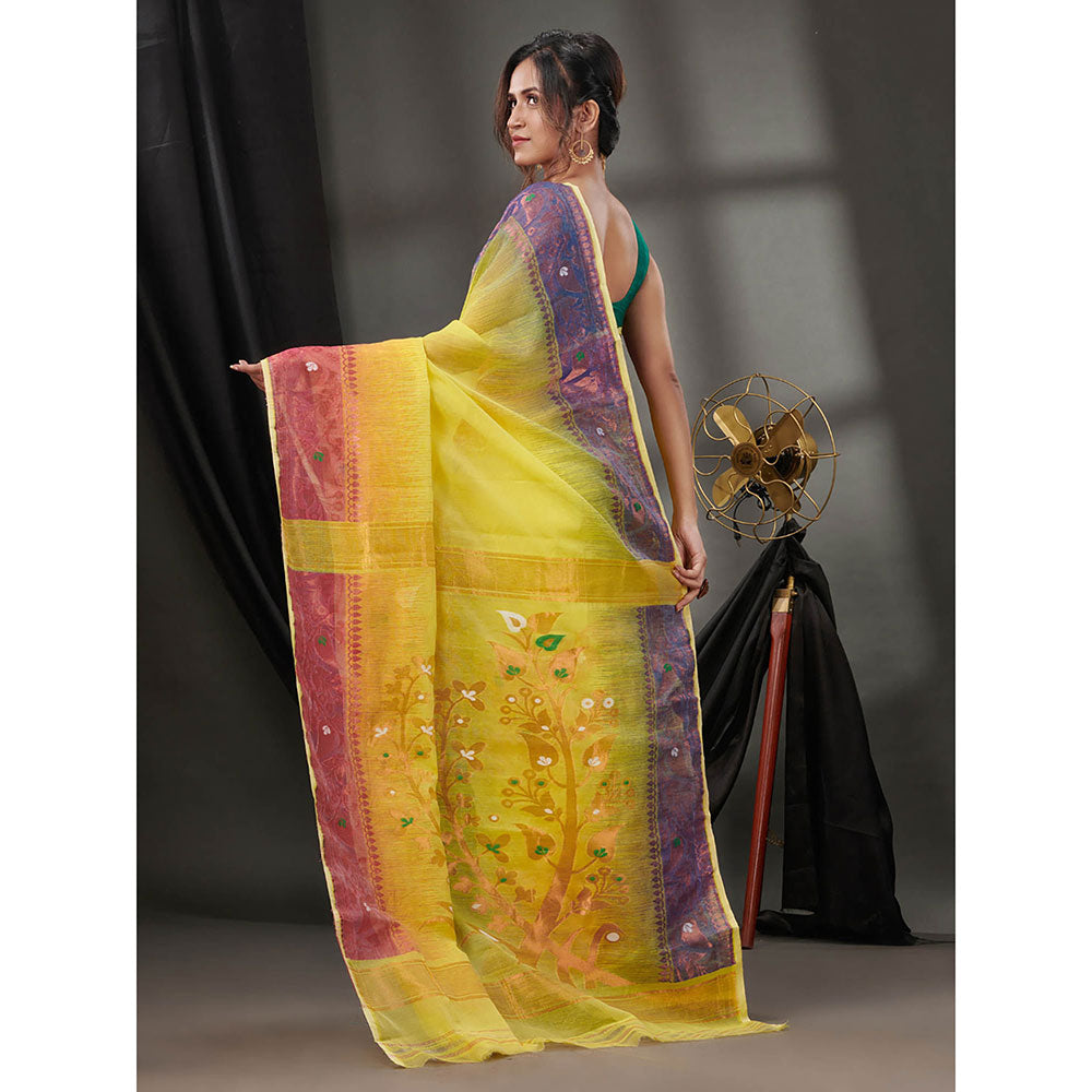 CHARUKRITI Yellow Silk Cotton Jamdhani Handwoven Saree without Blouse & Zari Woven Designs