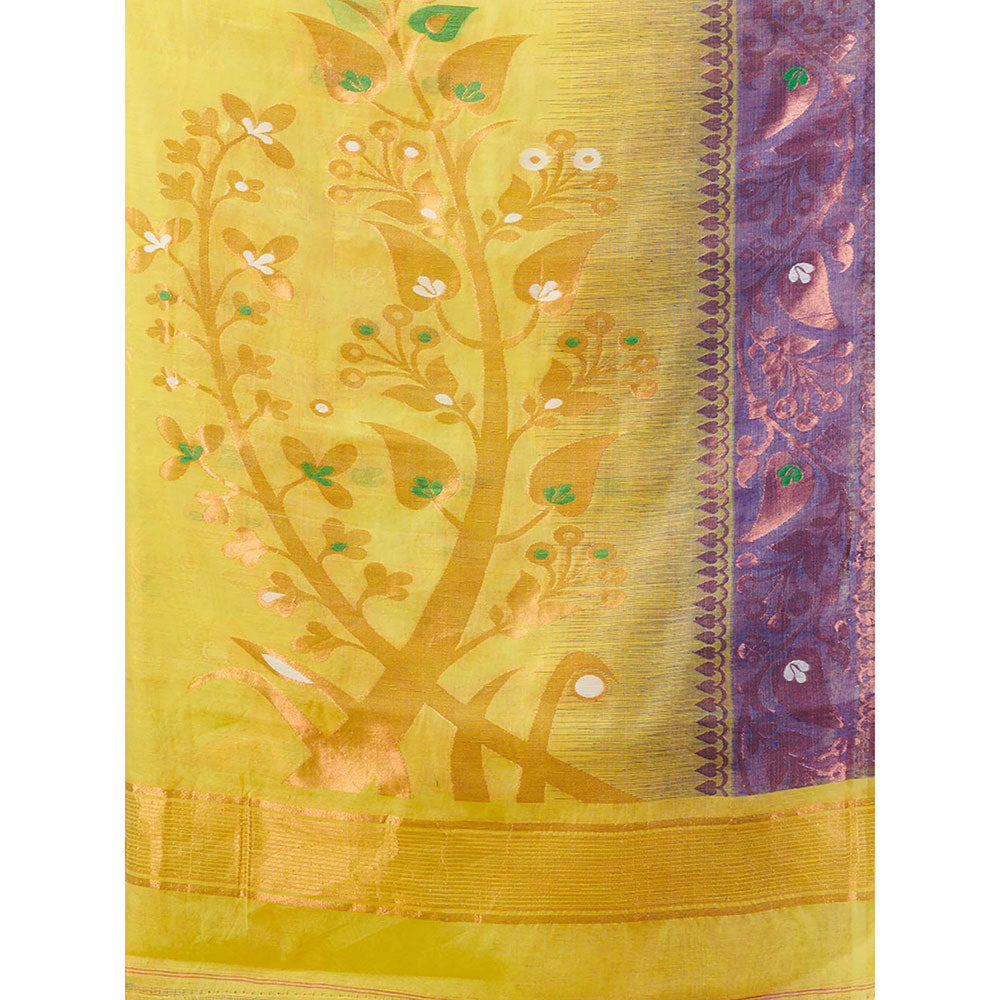 CHARUKRITI Yellow Silk Cotton Jamdhani Handwoven Saree without Blouse & Zari Woven Designs