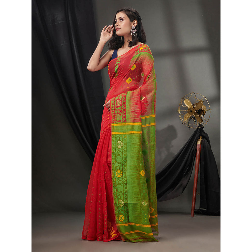 CHARUKRITI Red Silk Cotton Jamdhani Handwoven Saree without Blouse & Texture Designs