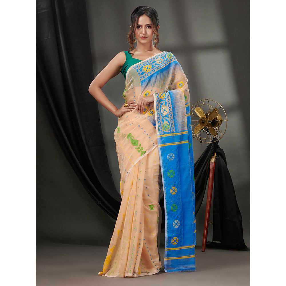 CHARUKRITI Cream Silk Cotton Jamdhani Handwoven Saree without Blouse & Texture Designs