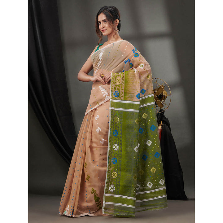 CHARUKRITI Ecru Silk Cotton Jamdhani Handwoven Saree without Blouse & Texture Designs