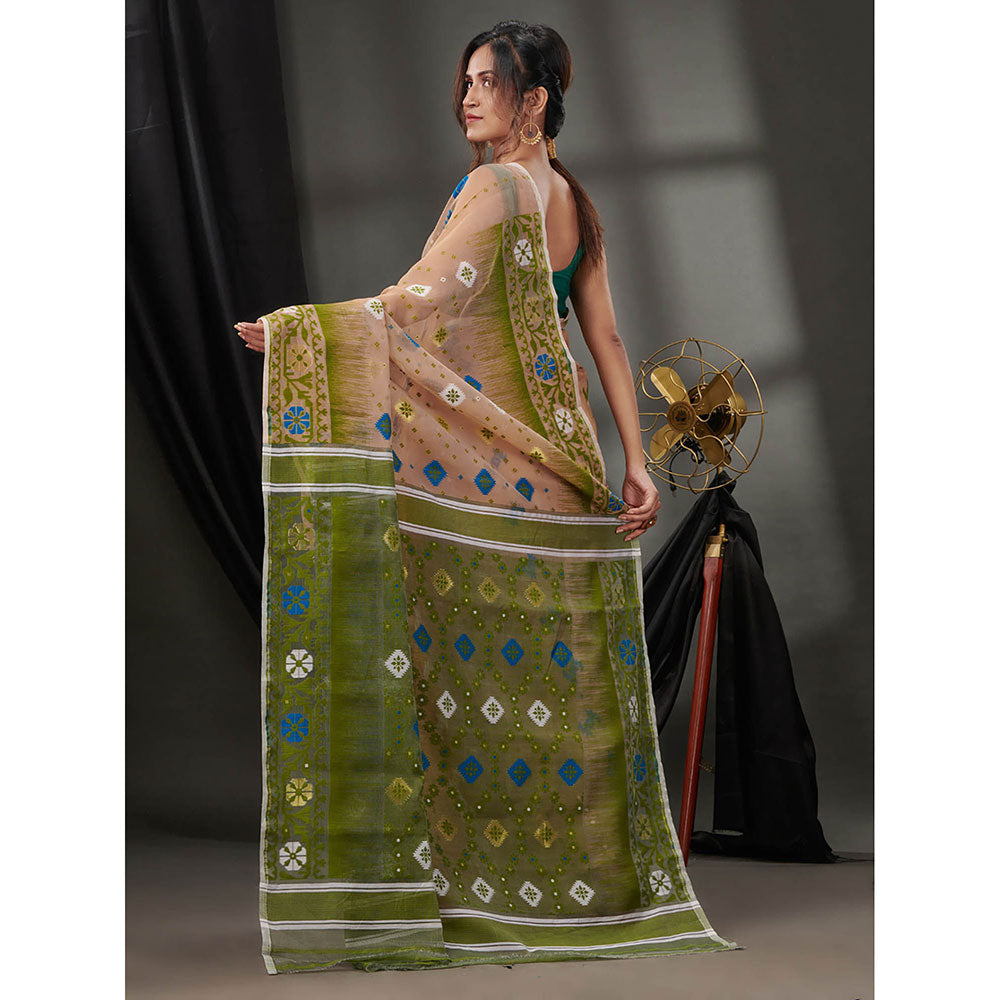 CHARUKRITI Ecru Silk Cotton Jamdhani Handwoven Saree without Blouse & Texture Designs