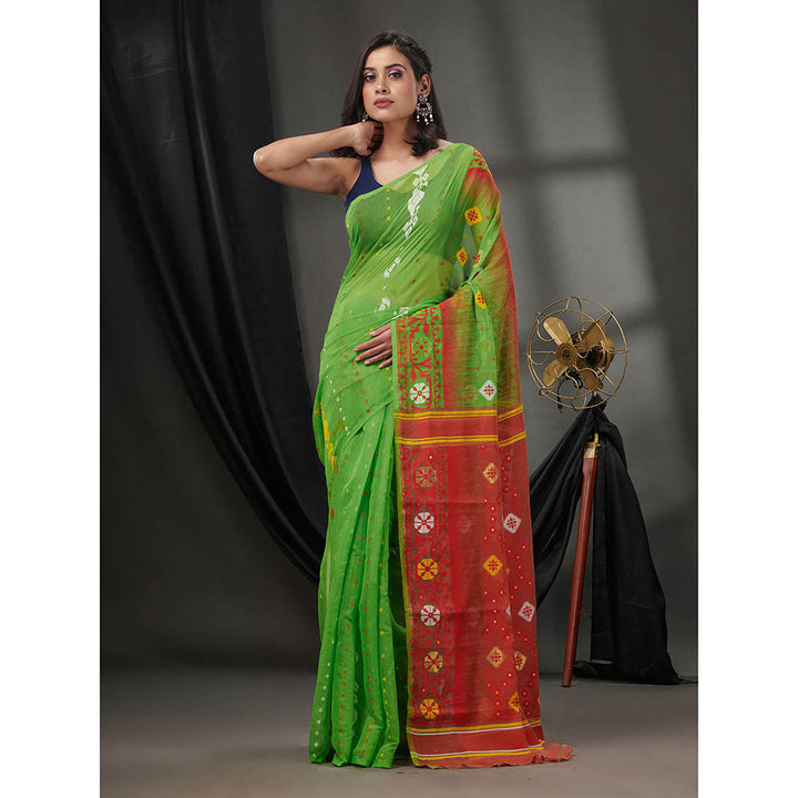 CHARUKRITI Parrot Green Silk Cotton Jamdhani Handwoven Saree without Blouse & Texture Designs