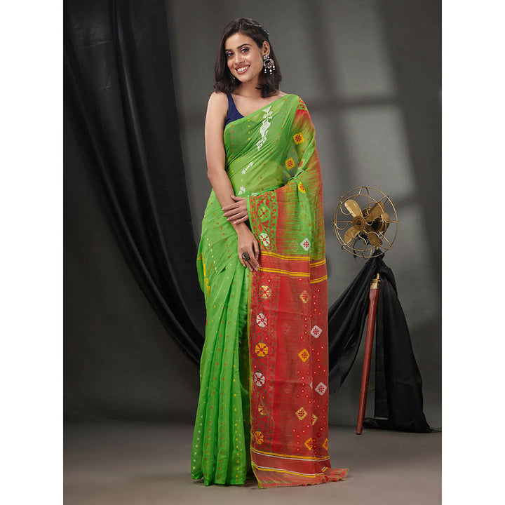 CHARUKRITI Parrot Green Silk Cotton Jamdhani Handwoven Saree without Blouse & Texture Designs