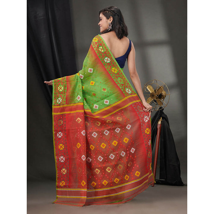 CHARUKRITI Parrot Green Silk Cotton Jamdhani Handwoven Saree without Blouse & Texture Designs