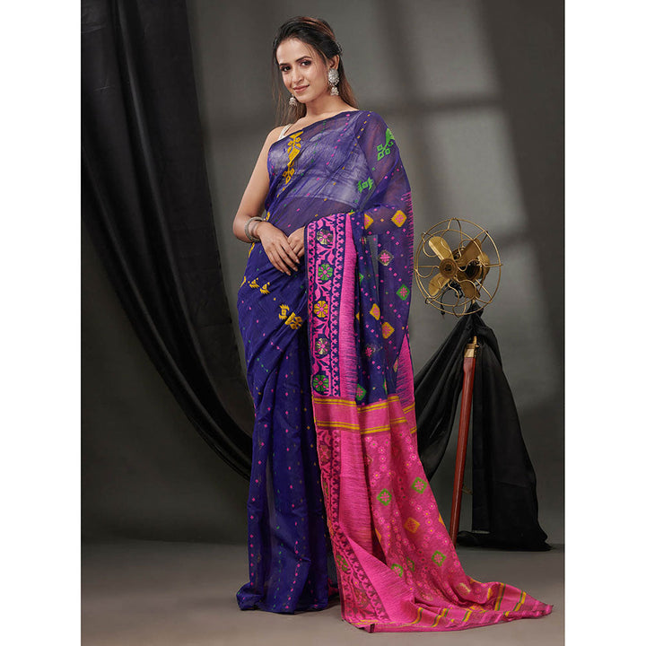 CHARUKRITI Navy Blue Silk Cotton Jamdhani Handwoven Saree without Blouse & Texture Designs