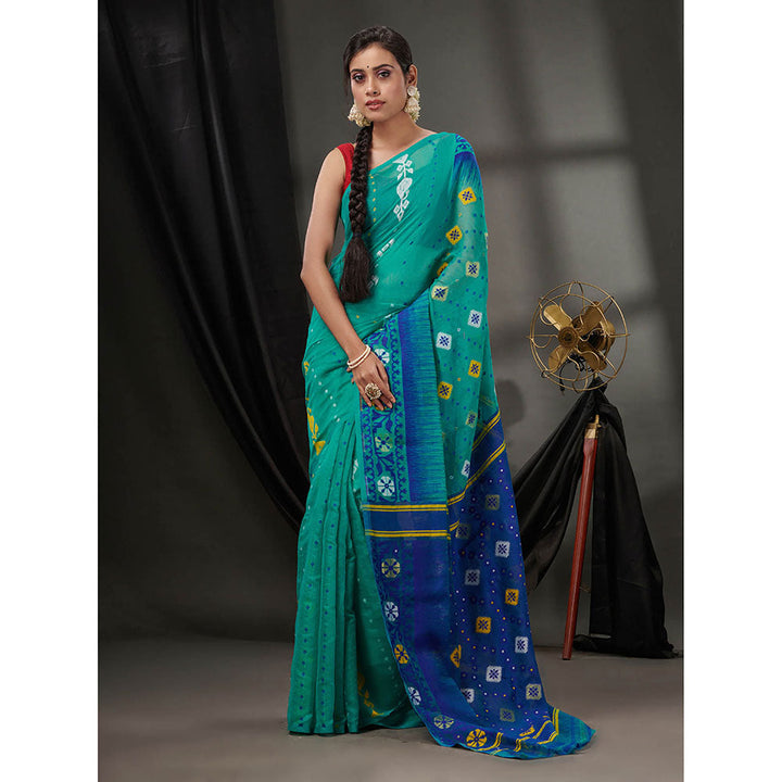 CHARUKRITI Sea Green Silk Cotton Jamdhani Handwoven Saree without Blouse & Texture Designs