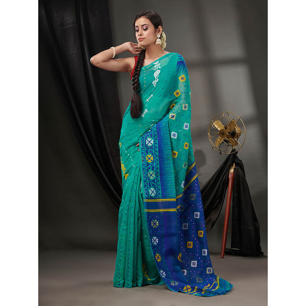 CHARUKRITI Sea Green Silk Cotton Jamdhani Handwoven Saree without Blouse & Texture Designs