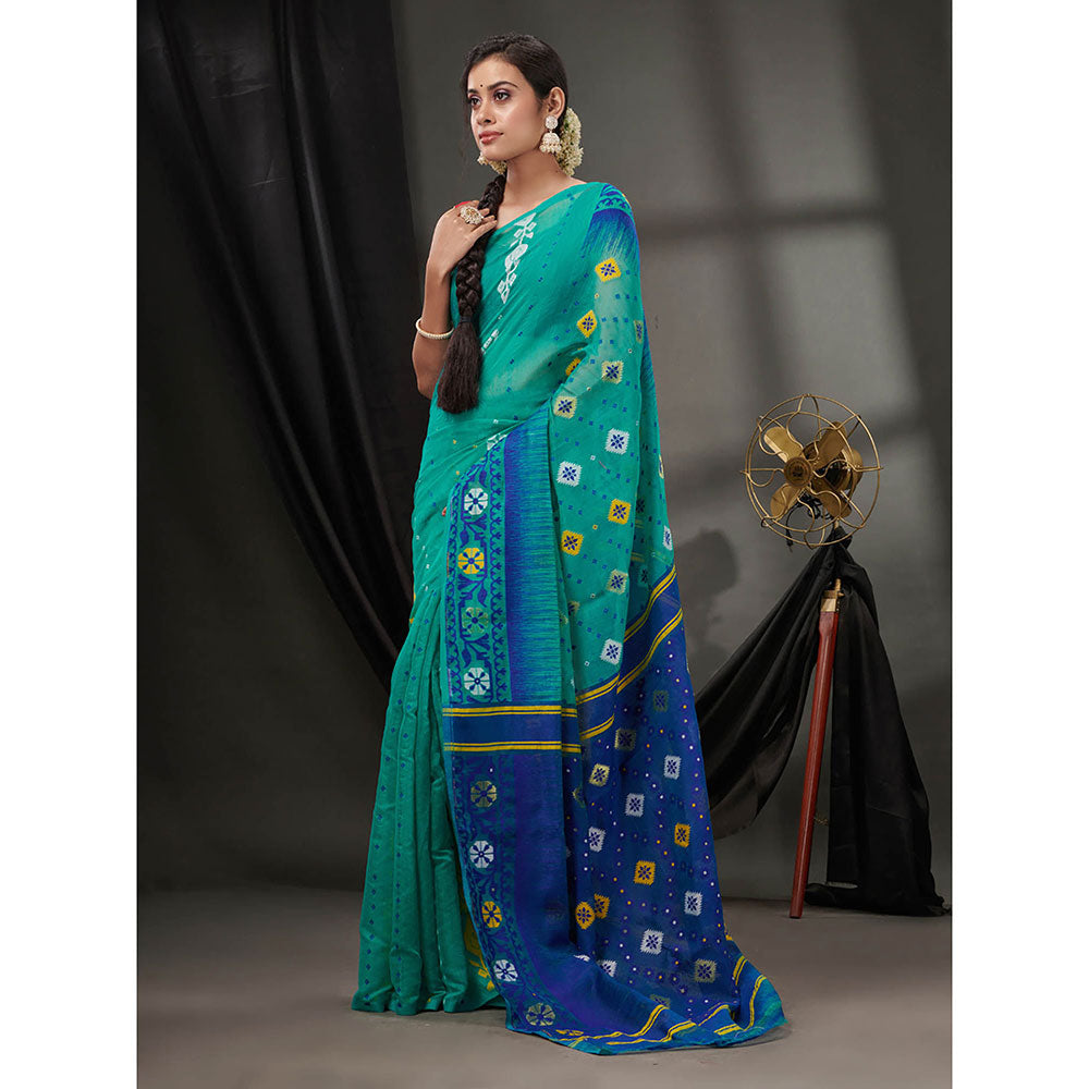 CHARUKRITI Sea Green Silk Cotton Jamdhani Handwoven Saree without Blouse & Texture Designs