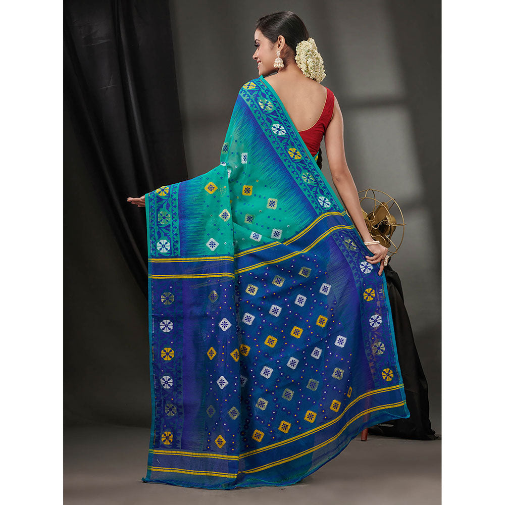 CHARUKRITI Sea Green Silk Cotton Jamdhani Handwoven Saree without Blouse & Texture Designs