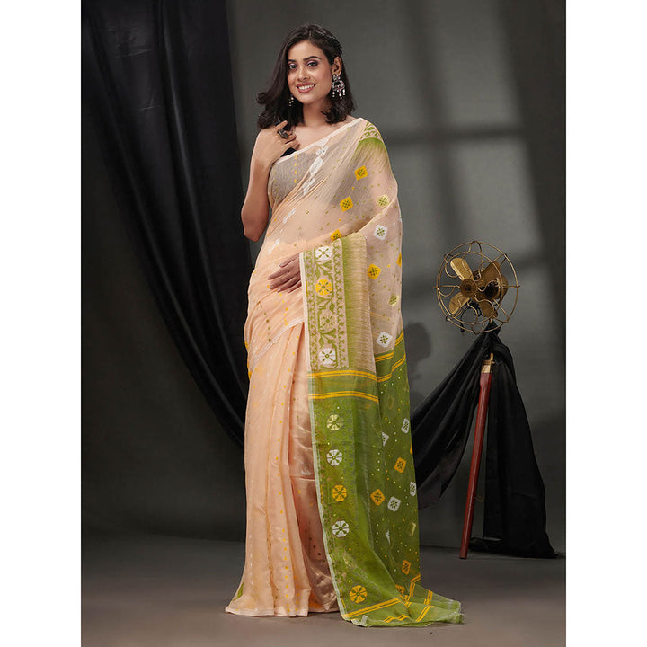 CHARUKRITI Cream Silk Cotton Jamdhani Handwoven Saree without Blouse & Texture Designs