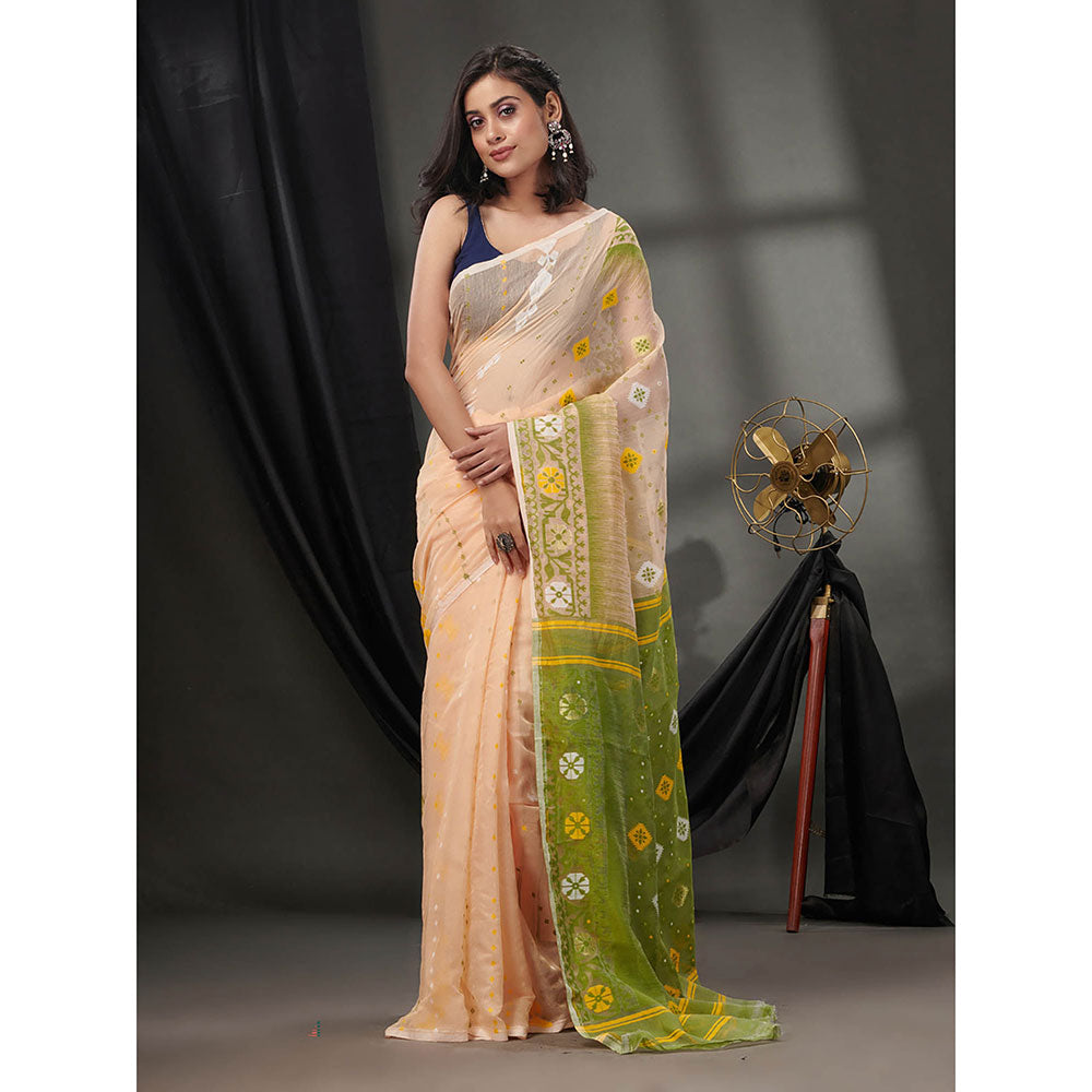 CHARUKRITI Cream Silk Cotton Jamdhani Handwoven Saree without Blouse & Texture Designs