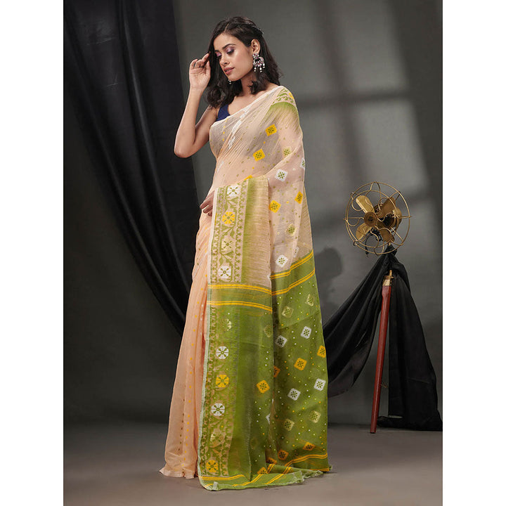 CHARUKRITI Cream Silk Cotton Jamdhani Handwoven Saree without Blouse & Texture Designs