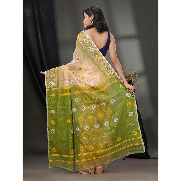 CHARUKRITI Cream Silk Cotton Jamdhani Handwoven Saree without Blouse & Texture Designs