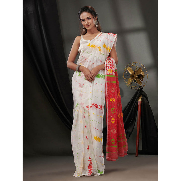 CHARUKRITI White Silk Cotton Jamdhani Handwoven Saree without Blouse & Texture Designs