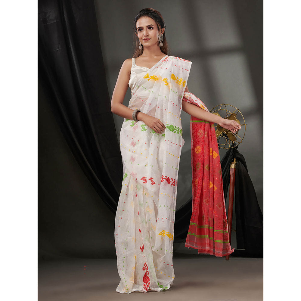 CHARUKRITI White Silk Cotton Jamdhani Handwoven Saree without Blouse & Texture Designs