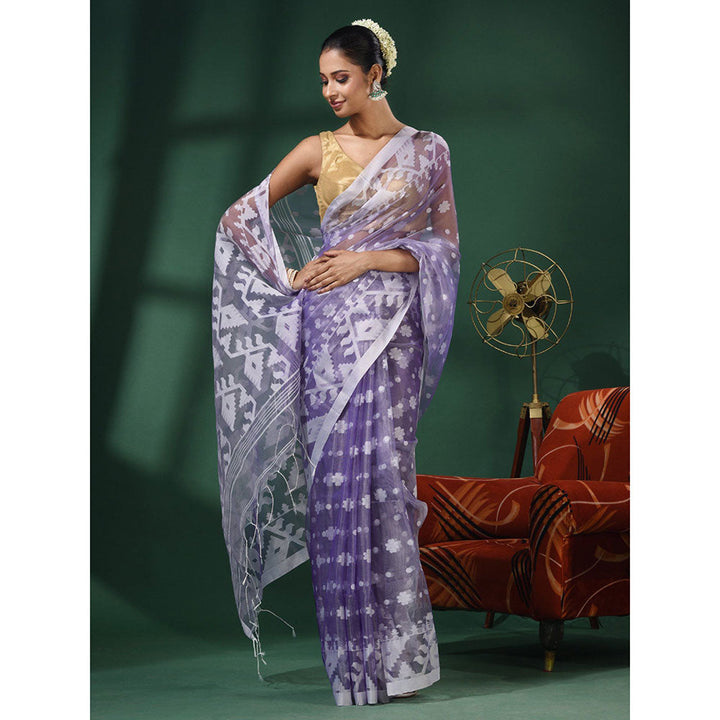 CHARUKRITI Violet Muslin Handwoven Saree With Jamdani Designs and Unstitched Blouse