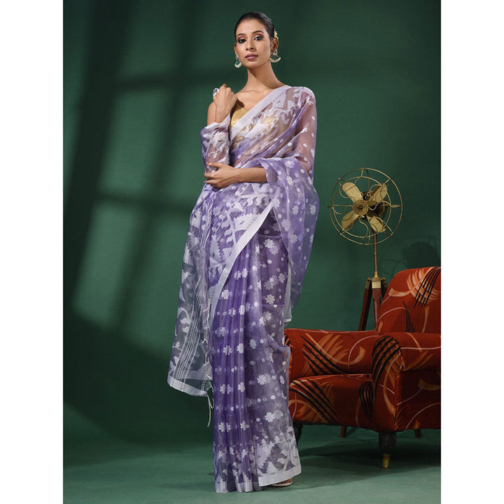 CHARUKRITI Violet Muslin Handwoven Saree With Jamdani Designs and Unstitched Blouse