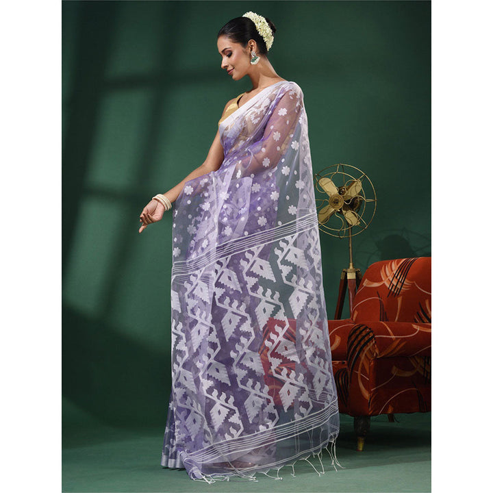 CHARUKRITI Violet Muslin Handwoven Saree With Jamdani Designs and Unstitched Blouse