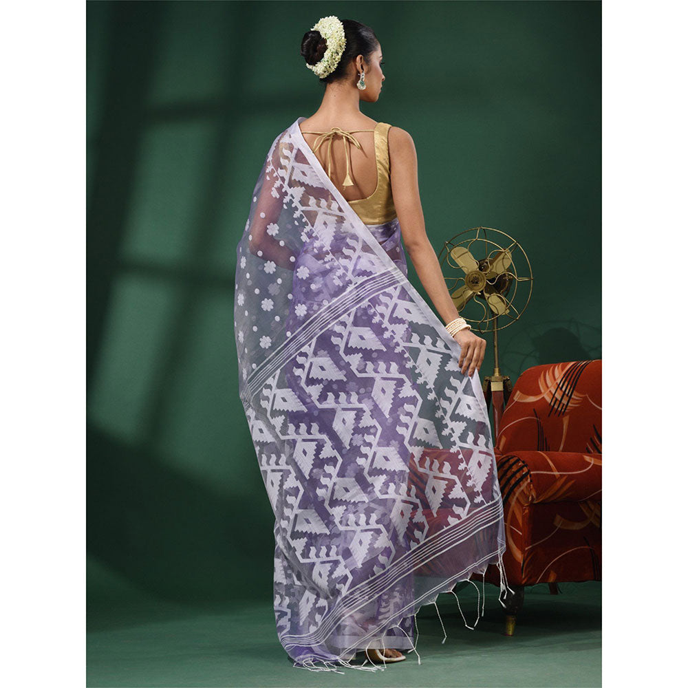 CHARUKRITI Violet Muslin Handwoven Saree With Jamdani Designs and Unstitched Blouse