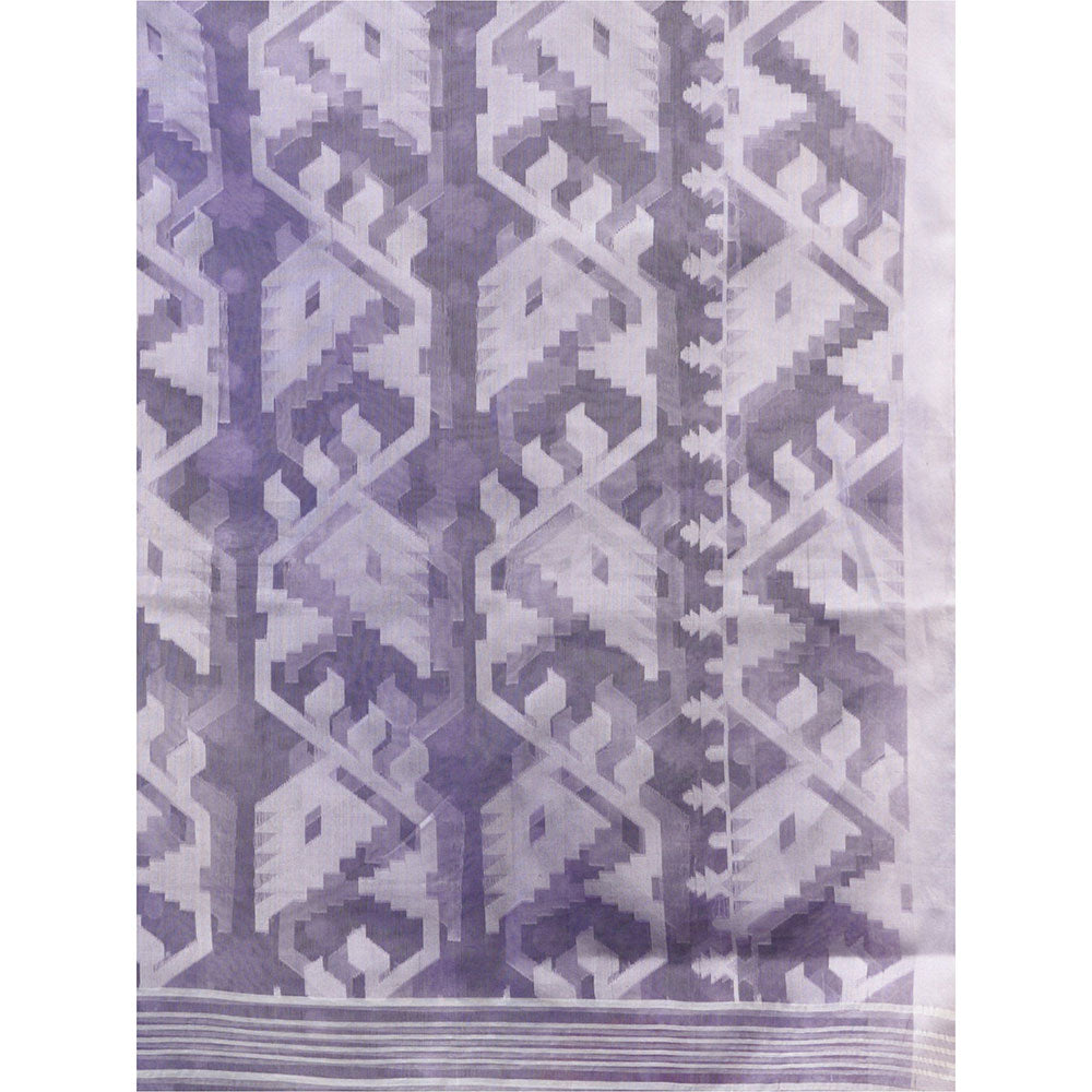 CHARUKRITI Violet Muslin Handwoven Saree With Jamdani Designs and Unstitched Blouse