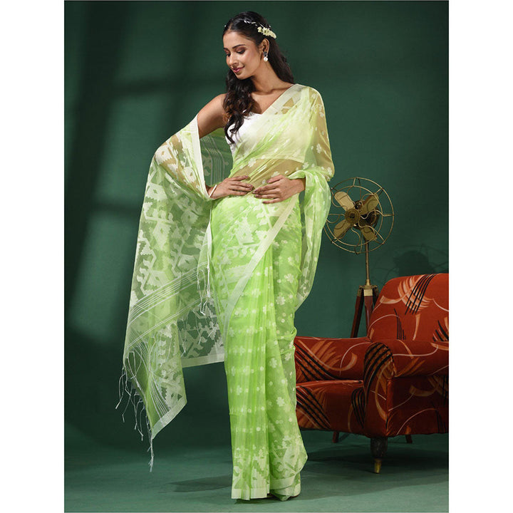 CHARUKRITI Light Green Muslin Handwoven Saree With Jamdani Designs and Unstitched Blouse