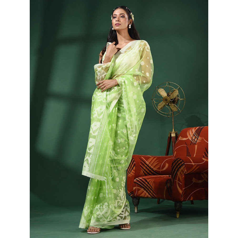 CHARUKRITI Light Green Muslin Handwoven Saree With Jamdani Designs and Unstitched Blouse