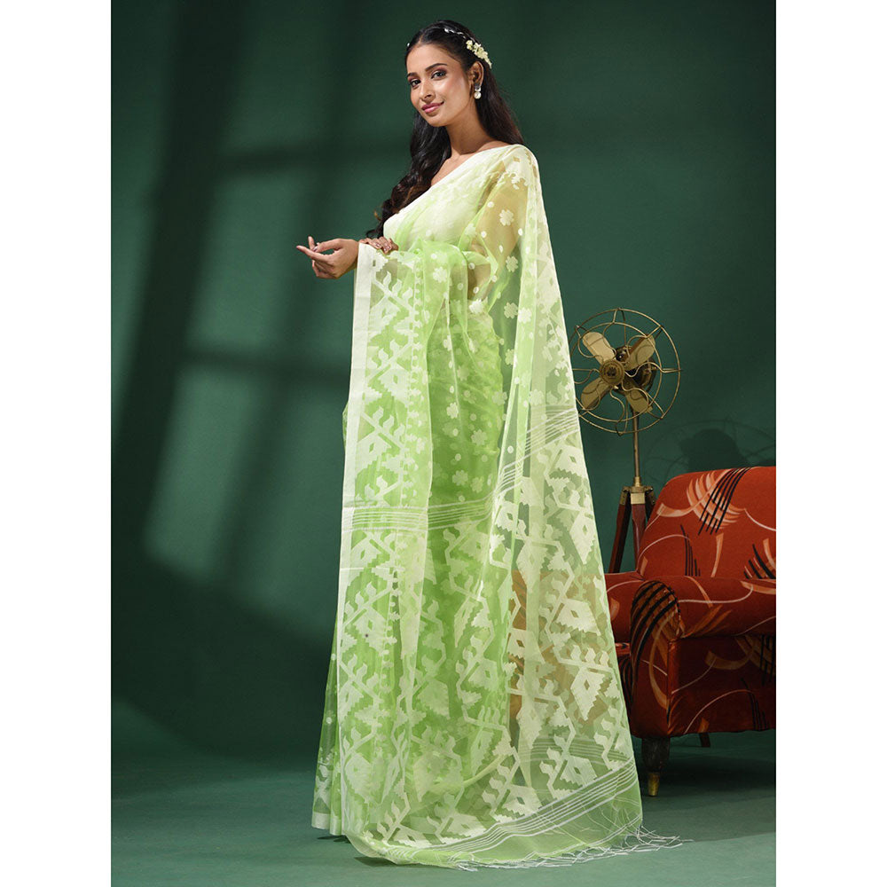 CHARUKRITI Light Green Muslin Handwoven Saree With Jamdani Designs and Unstitched Blouse