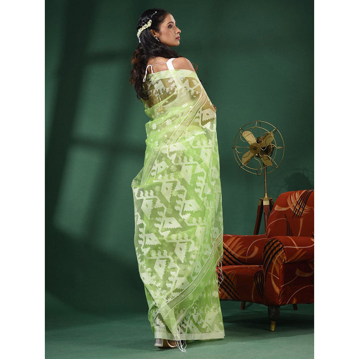 CHARUKRITI Light Green Muslin Handwoven Saree With Jamdani Designs and Unstitched Blouse