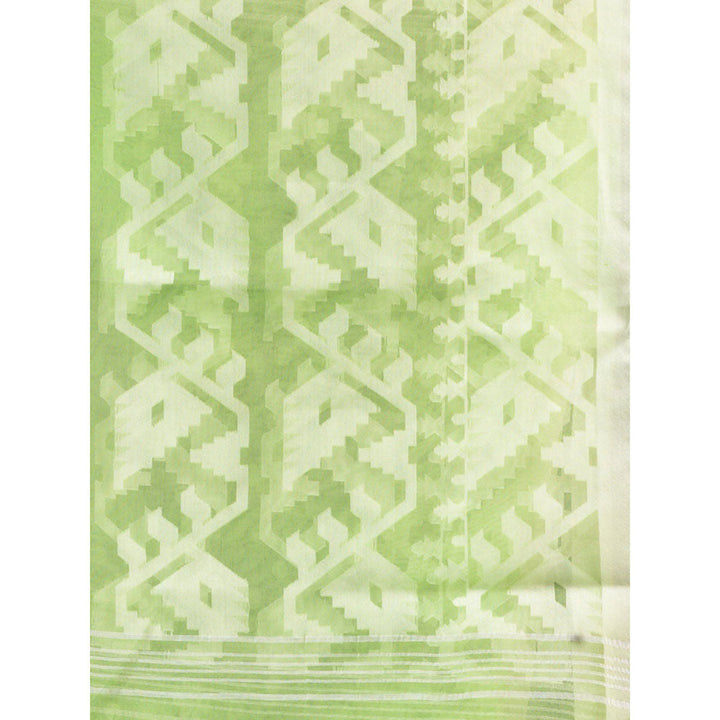 CHARUKRITI Light Green Muslin Handwoven Saree With Jamdani Designs and Unstitched Blouse