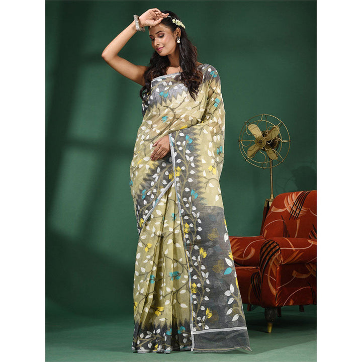 CHARUKRITI Ecru Handwoven Dhakai Jamdani Saree With Foliage Designs without Blouse