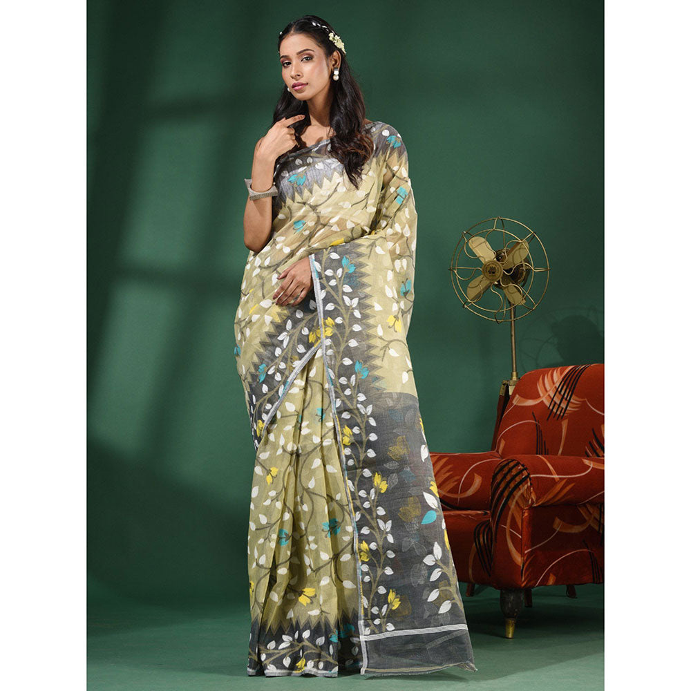 CHARUKRITI Ecru Handwoven Dhakai Jamdani Saree With Foliage Designs without Blouse