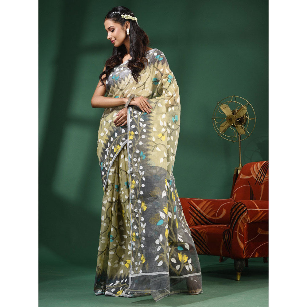 CHARUKRITI Ecru Handwoven Dhakai Jamdani Saree With Foliage Designs without Blouse