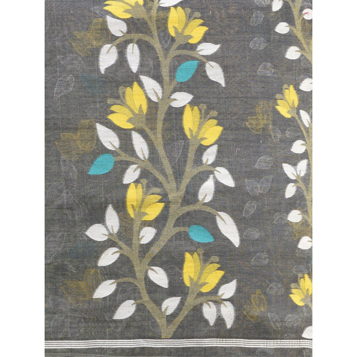 CHARUKRITI Ecru Handwoven Dhakai Jamdani Saree With Foliage Designs without Blouse