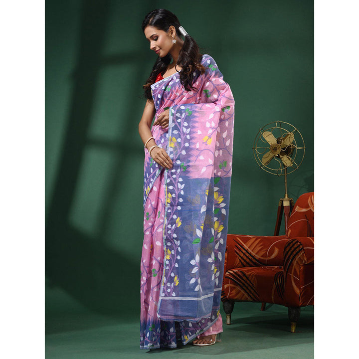 CHARUKRITI Pink Handwoven Dhakai Jamdani Saree With Foliage Designs without Blouse