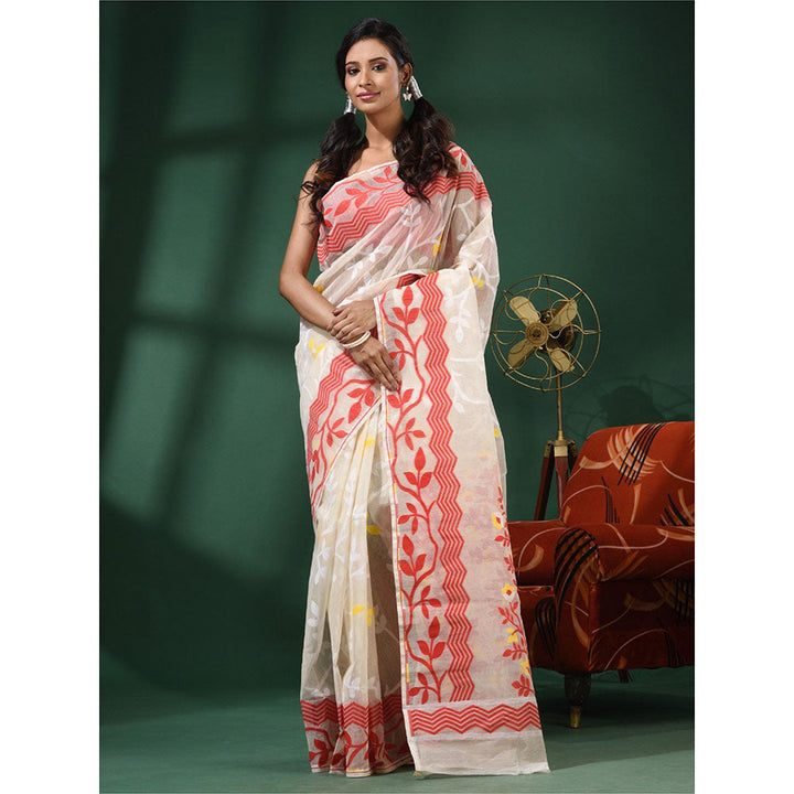 CHARUKRITI White Handwoven Dhakai Jamdani Saree With Foliage Designs without Blouse