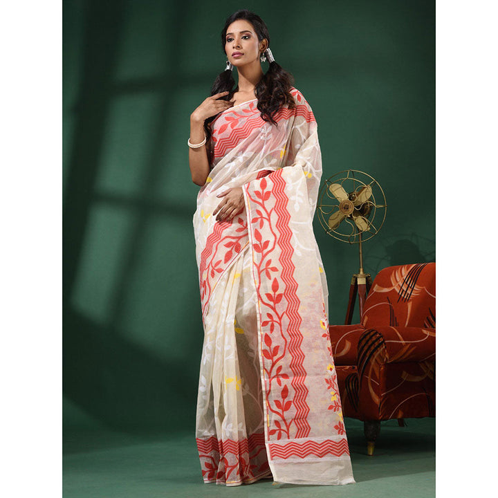 CHARUKRITI White Handwoven Dhakai Jamdani Saree With Foliage Designs without Blouse