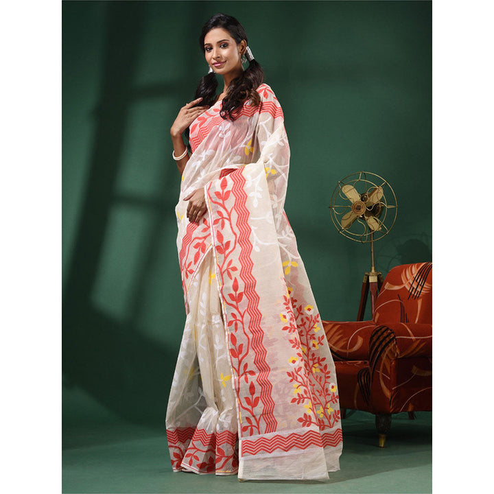 CHARUKRITI White Handwoven Dhakai Jamdani Saree With Foliage Designs without Blouse