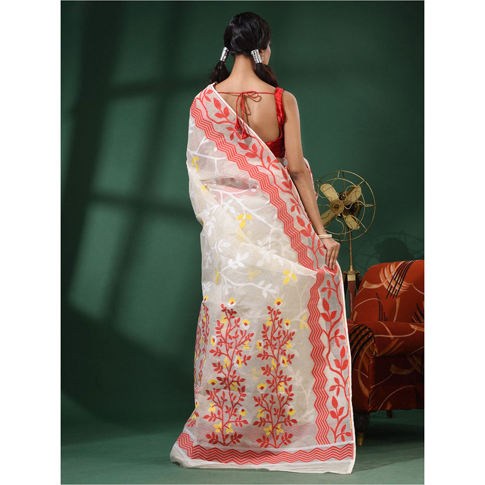 CHARUKRITI White Handwoven Dhakai Jamdani Saree With Foliage Designs without Blouse