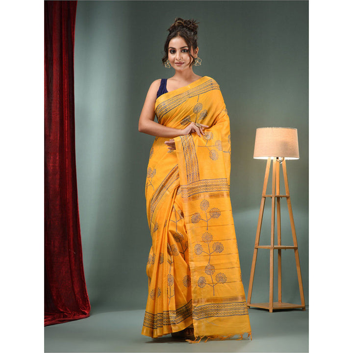 CHARUKRITI Yellow Blended Silk Handwoven Saree with Flower Designs & Unstitched Blouse