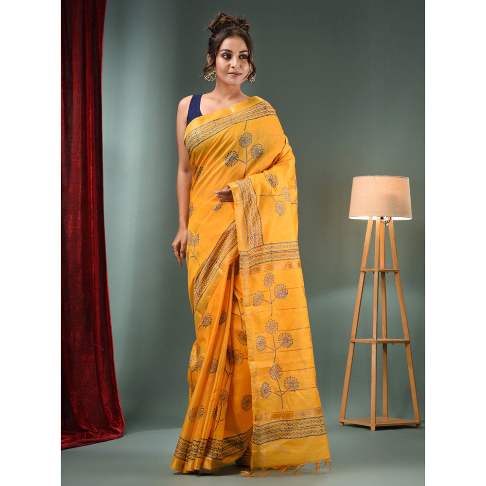 CHARUKRITI Yellow Blended Silk Handwoven Saree with Flower Designs & Unstitched Blouse