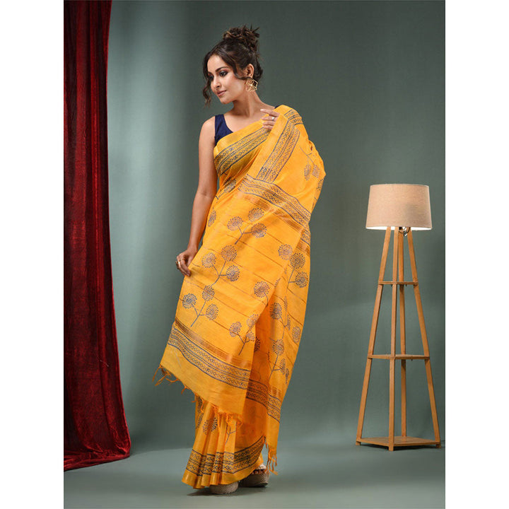 CHARUKRITI Yellow Blended Silk Handwoven Saree with Flower Designs & Unstitched Blouse